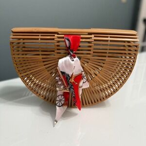 🌿 Bamboo‎ Half-Moon Woven Handbag with Scarf Accent